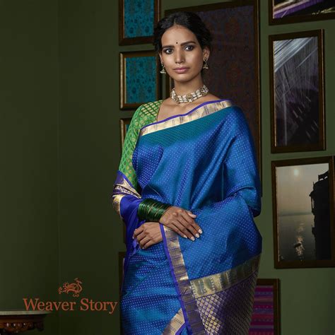 Handwoven Peacock Blue Self Weave Kanjivaram Saree with Purple Border ...