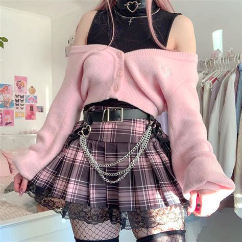 Goth Egirl Pink Plaid Mini Skirt Lace Trim Most Popular Aesthetic Punk ...