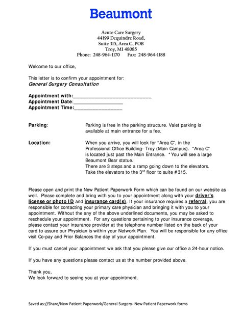 Beaumont New Patient Welcome Letter Form - Fill Online, Printable ...