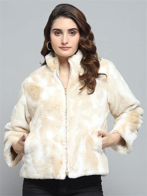 Buy Women Beige & White Solid Mock Neck Full Sleeve Reversible Jacket ...