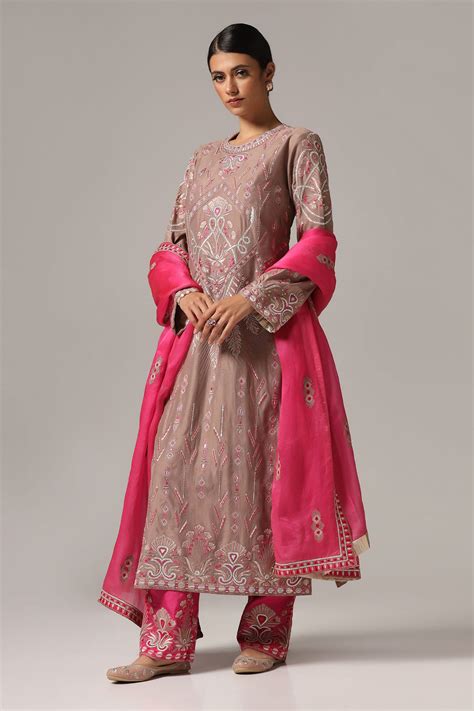 Dull Brown Chanderi Thread Work Kurti Set| Singhania's