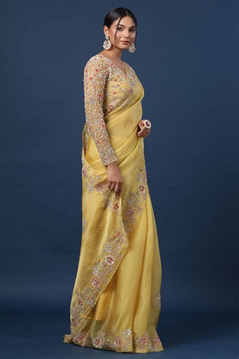 Amber Yellow Pearl & Zardosi Embroidered Organza Saree with Ready Made ...