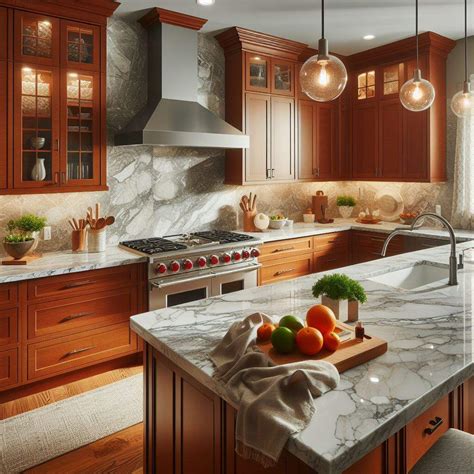Quartz Countertop and Cherry Cabinets: Achieve Timeless Grace