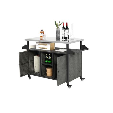 GZMR Outdoor Kitchen Wicker Island Rolling Cart Storage Cabinet Grey ...