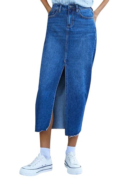 Bangyeer Women Long Denim Skirt Front Slit Maxi Skirt Streetwear High ...