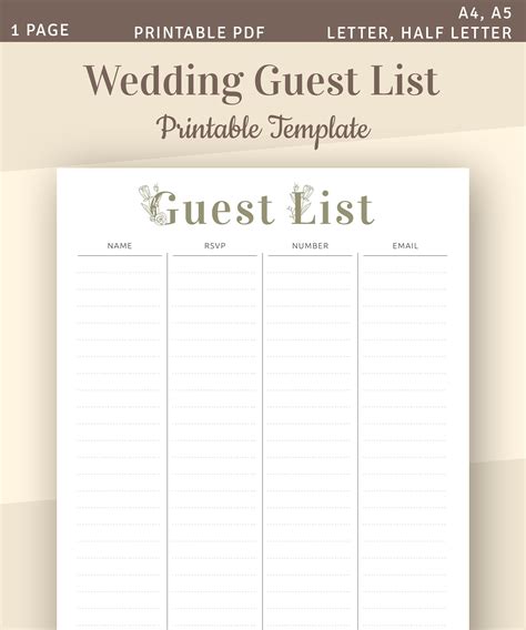 Wedding Guest List, Printable Wedding Template, Guest List Tracker ...