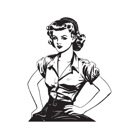 pretty pin up girl, vintage logo line art concept black and white color ...