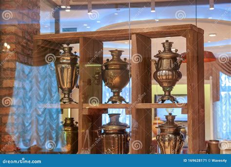 Tula City, Russia - May 2019: Beautiful Samovars are in the Showcase in ...