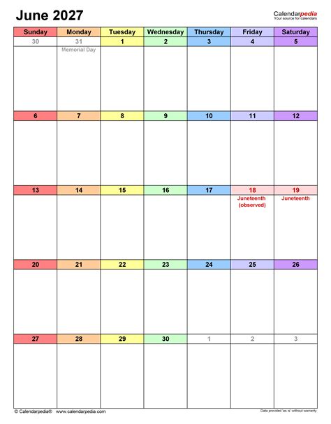 June 2027 Calendar | Templates for PDF, Excel and Word