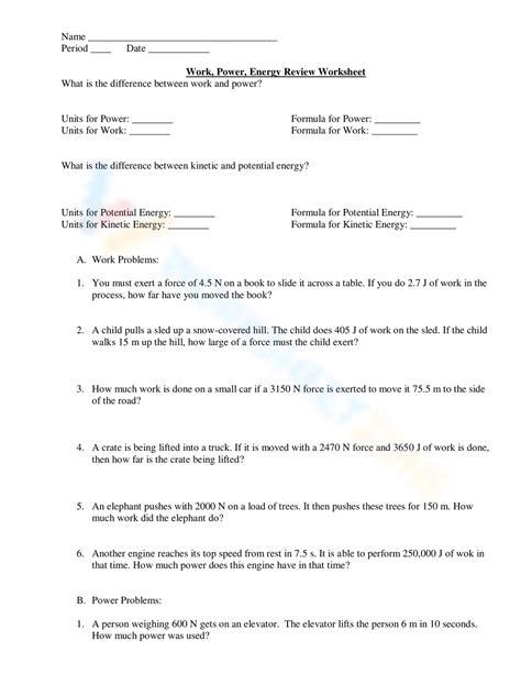 Image result for Work Power and Energy Formula Worksheet