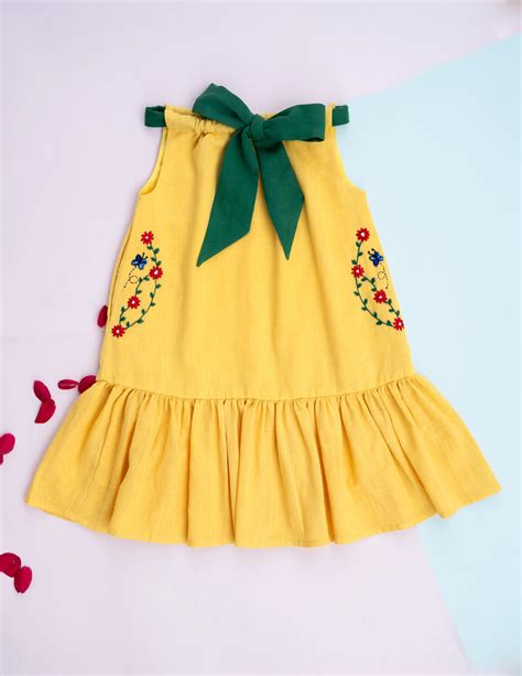 Organic Bow Tie Ruffle Dress | Yellow & Green – PureCloth.Co
