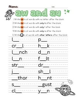 Word work sheet for au and aw ambiguous vowel spelling pattern by Molly ...