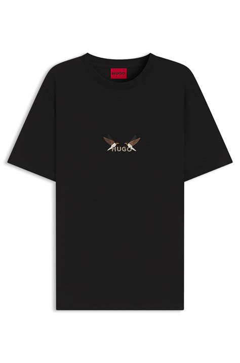 HUGO - Cotton-jersey T-shirt with embroidered logo artwork - Black