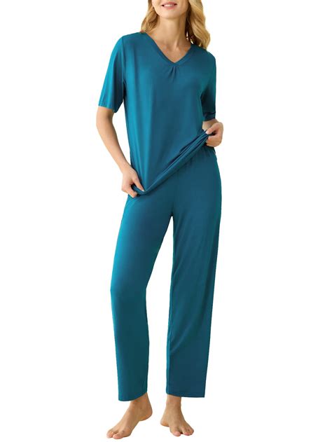 Women's Bamboo Viscose Pajama Set V-Neck Top Lounge Pants with Pockets ...