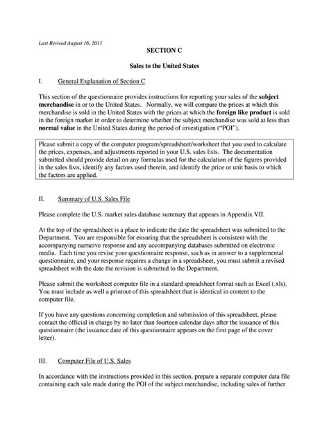 Fillable Online Section C of the Questionnaire for an Investigation ...