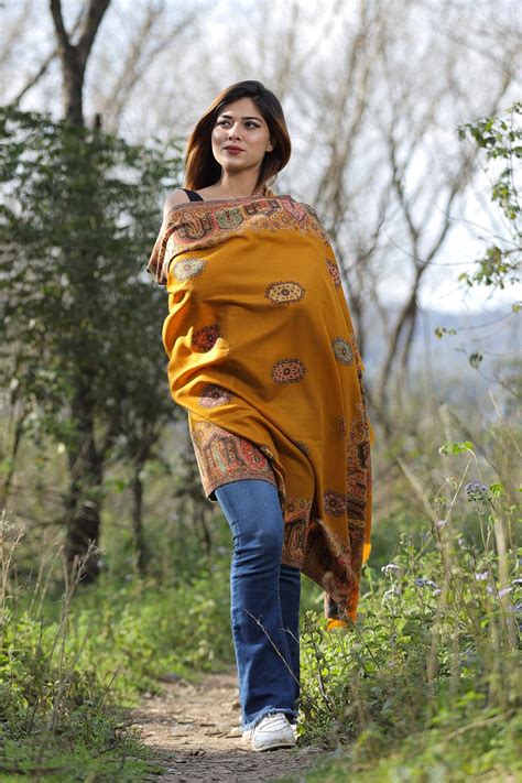 Kashmiri mustard colour shawl with flower pattern style bold