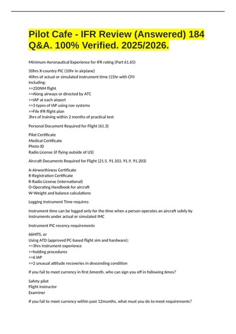 Pilot Cafe - IFR Review (Answered) 184 Q&A. 100% Verified. 2025/2026 ...