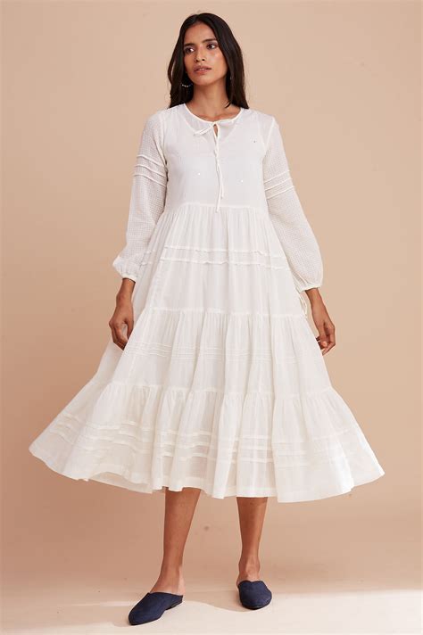 Buy Ecru Long Length Gathered Volume Dress @ 3999 | W for woman – wforwoman