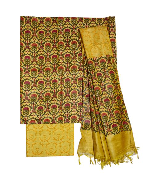 Green & Yellow Unstitched Batik Print Silk Salwar Suit Dress Material ...