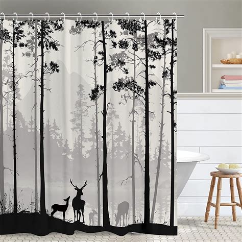 Deer Shower Curtain, Forest Shower Curtain, Misty Pine Tree Wildlife ...