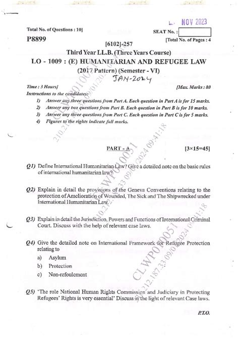 1009 Humanitarian and Refugee Law - PART - B l2xl0: Q6) Write a brief ...