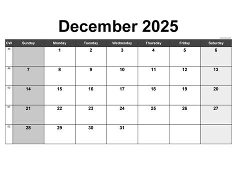December 2025 Calendar - Free Printable PDF, XLS and PNG | www.colomio.com
