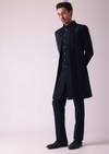 Navy Blue Geometric Patterned Achkan Style Indo Western Set
