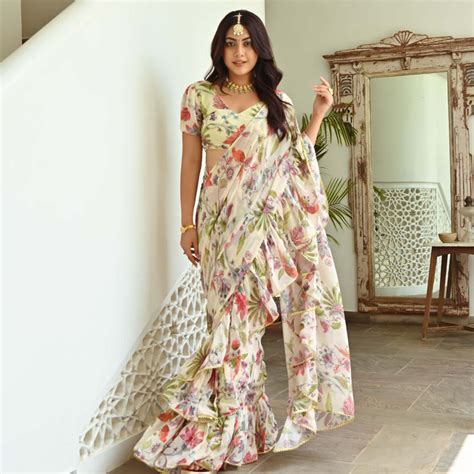 Discover Light Green Printed Ruffle Saree Online - Lavanya The Label
