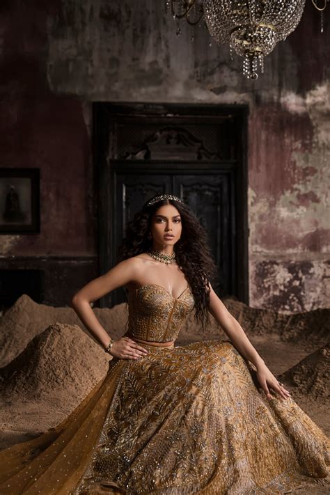 Gold Organza Lehenga With Corset And Dupatta – Esha Sethi Thirani