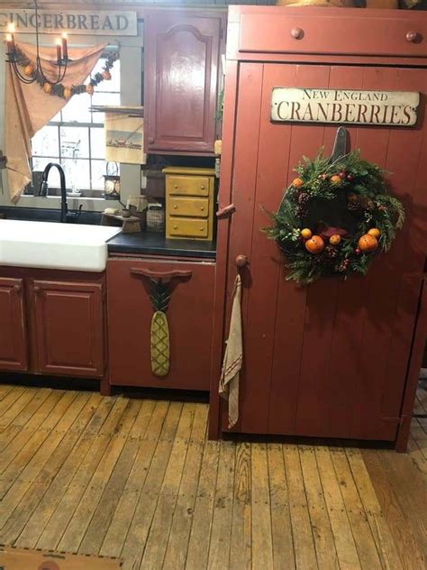 Image result for Primitive Red Color Kitchen Cabinets