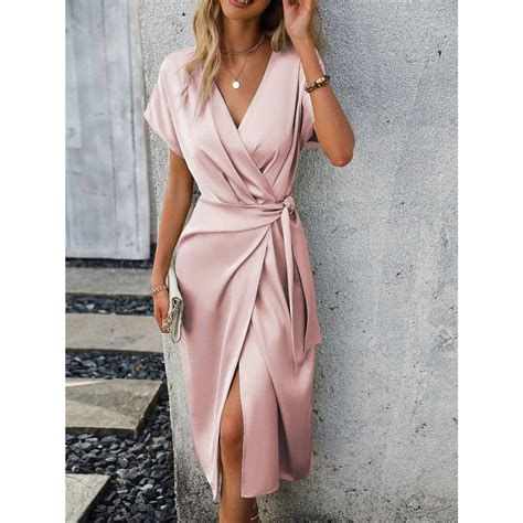 satin Batwing short Sleeve Knot Side Wrap midi Dress blush pink ...