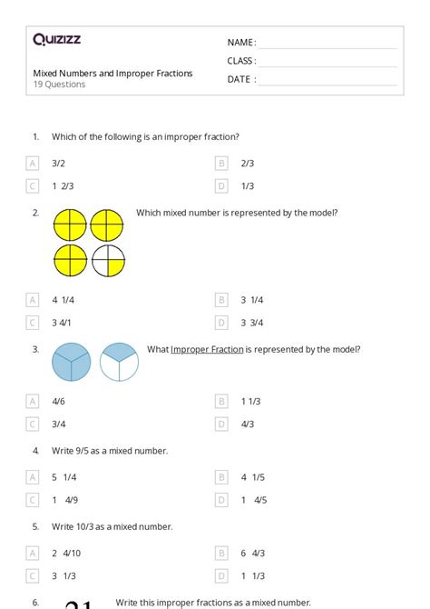 50+ Mixed Numbers and Improper Fractions worksheets for Kindergarten on ...