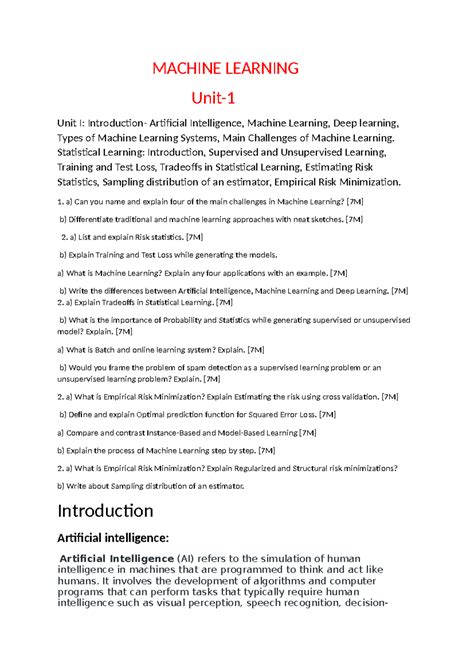 Machine Learning unit-1 - MACHINE LEARNING Unit- Unit I: Introduction ...