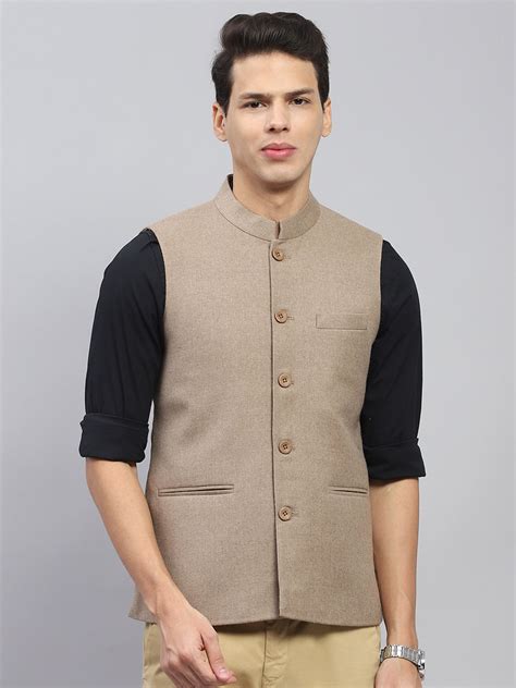 Buy Men Beige Solid Mock Neck Sleeveless Jacket Online in India - Monte ...