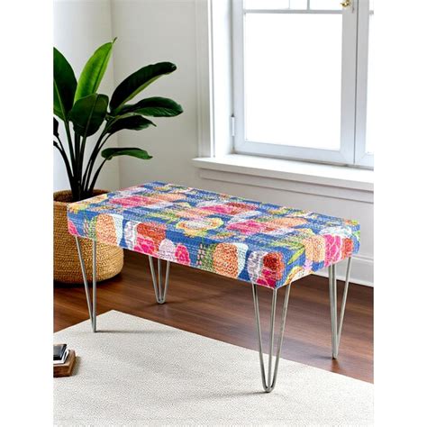 Buy Ikiriya Velas Sheesham Wood Mid Century Bench Fruit Print Blue ...