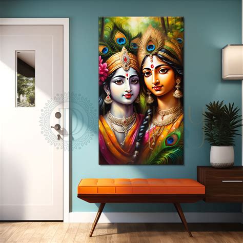 Blue face of krishna with radha in colourful background textured art C ...
