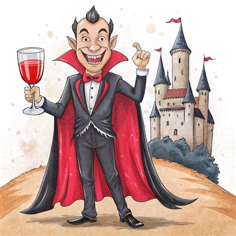 A cartoon drawing of a man in a red cape holding a glass of wine ...