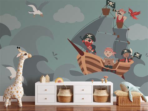 Buy Vibrant Nursery Wallpaper - Pirate Ship Mural Fun