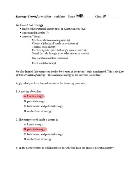 Energy Transformation Worksheet Key 的图像结果