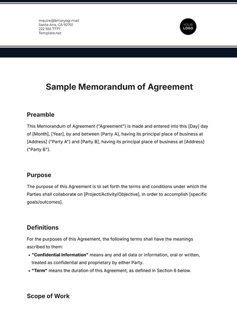 Free Sample Memorandum of Agreement Template to Edit Online