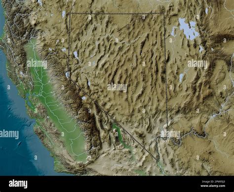 Nevada, state of United States of America. Elevation map colored in ...