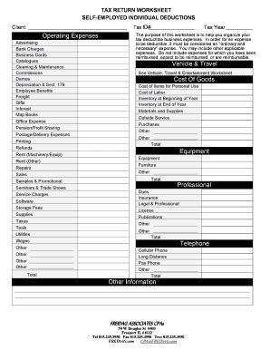 TAX RETURN WORKSHEET SELF-EMPLOYED INDIVIDUAL DEDUCTIONS - Fill and ...