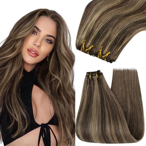 Amazon.com : YoungSee Sew in Hair Extensions Brown Highlight Straight ...