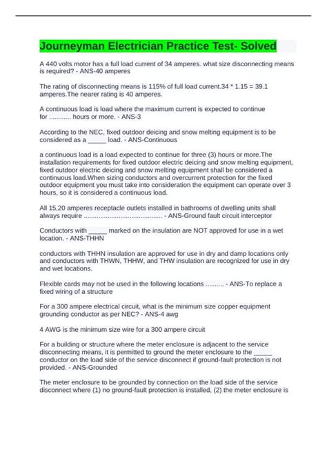 Journeyman Electrician Practice Test- Solved - Electrician - Stuvia US