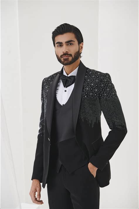 Buy Black Cutdana & Pearl Embroidered Tuxedo Suit for Men- Wedding ...
