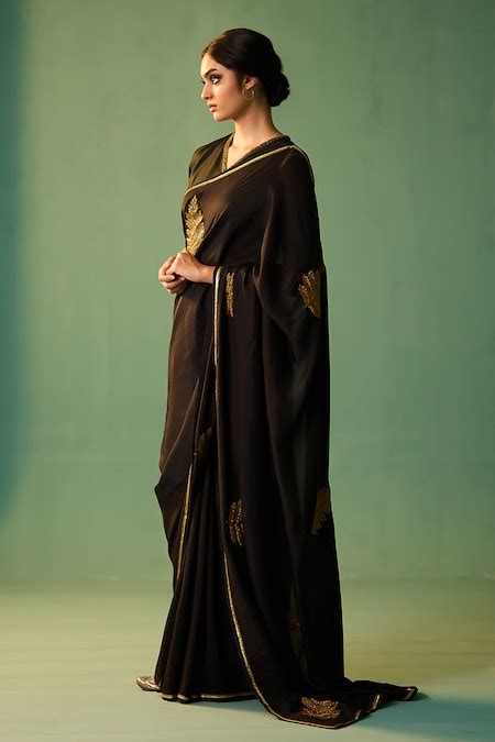 Buy Black Habutai Silk Hand Embroidered Dori Mira Saree For Women by ...