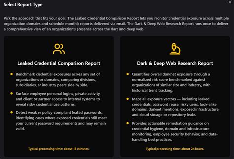 Comparison of report types for credential and dark web research