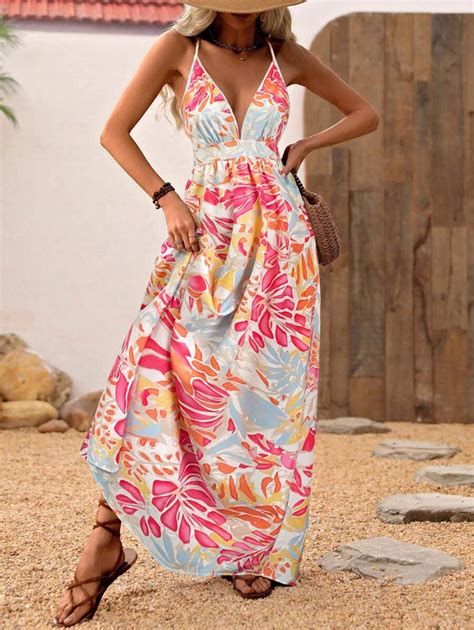 Breezaya Holiday Casual Plant Printed Halter Neck Backless Dress With ...