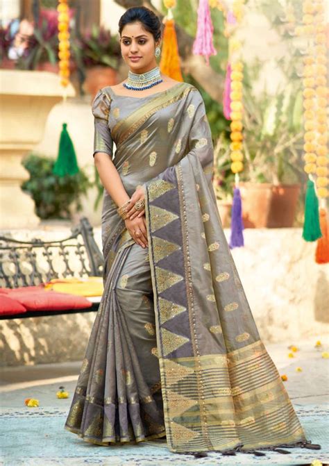 Sangam Silver Stone Catalog Fancy Organza Work Saree