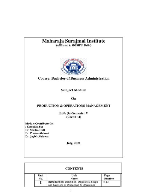 Production & Operations Management Code - 303 BBA (G) Sem. V - Maharaja ...
